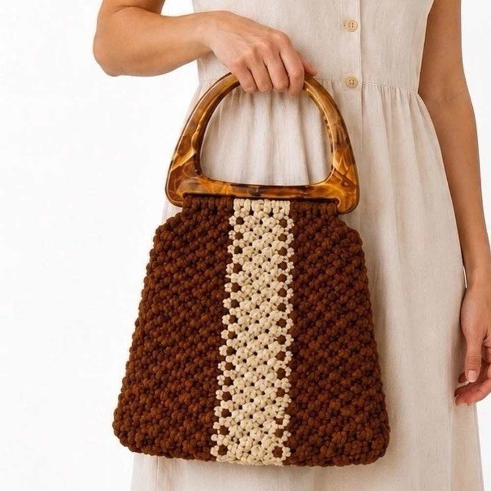 Vtg 70s Macrame Handbag Artisan Lucite  Handle Brown Cream Lined Handmade Resort